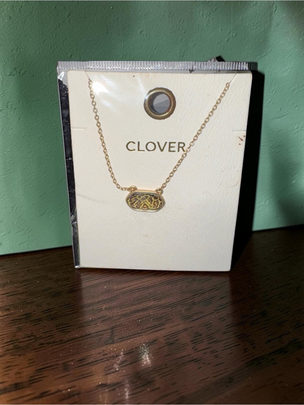 NEW Clover Gold Tone Leopard Print Oval Pendant Necklace